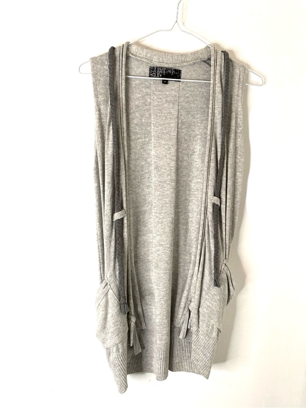 KILL Grey Long Open Front Cardigan Braided Trim Draped Pocket Vest Size 40